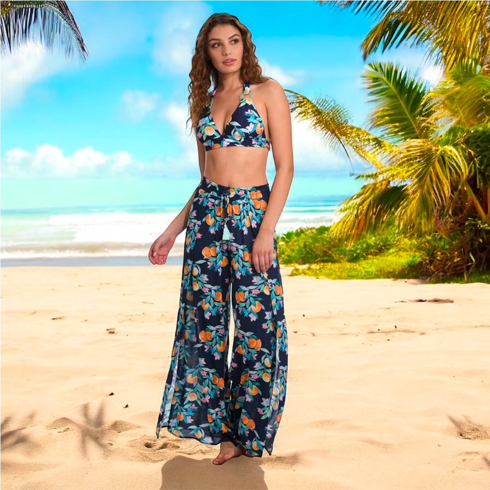Sunshine 79 Floral Blue Peaches Palazzo Pants Cover-up M L NWT